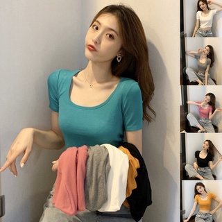 Korean🧧 เสื้อยืดครอปคอกลมแขนสั้น สีพื้น 6 สี