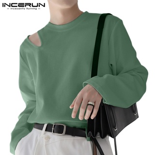 Incerun เสื้อยืด คอกลม แขนยาว สีพื้น สไตล์เกาหลี แฟชั่น สําหรับผู้ชาย