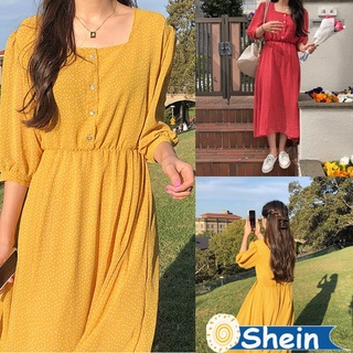 Shein🔥พร้อมส่ง🔥เดรสฝรั่งเศสย้อนยุค ฤดูร้อนใหม่ยอดนิยมกระโปรง สไตล์เอวย่น สวยหรูดูแพง 2 สี1918