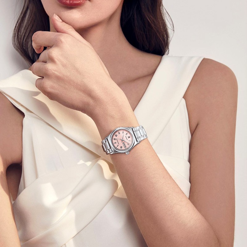 นาฬิกาคาสิโอ CASIO หญิงแฟชั่นใหม่เรียบง่ายสายนาฬิกาข้อมือควอตซ์ผู้หญิงสายสแตนเลส LTP-V006D-4B