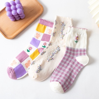 ถุงเท้าข้อสั้นผ้าฝ้าย ข้อกลาง free size พร้อมส่ง womens lovely socks lolita style flower socks SC716