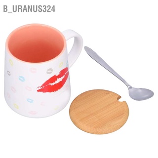 B_uranus324 Ceramic Mug Coffee Cup 450ml Lovely Printing Tea Drinking with Spoon Wood Lid for Daily Use Pink