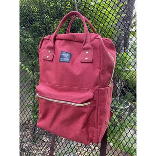 กระเป๋าเป้ Annello แท้ 100% Canvas Backpack รุ่นผ้า สีแดง red wine กระเป๋าเป้สะพายหลัง มือสอง สภาพ 90%