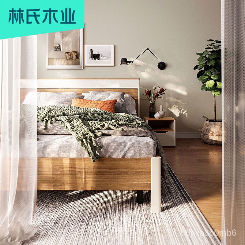 เตียงที่เรียบง่ายทันสมัย1.5เมตร1.8ห้องนอนสูงกล่องเก็บเตียงเตียงคู่ไม้เนื้อแข็งฟุตCP4A