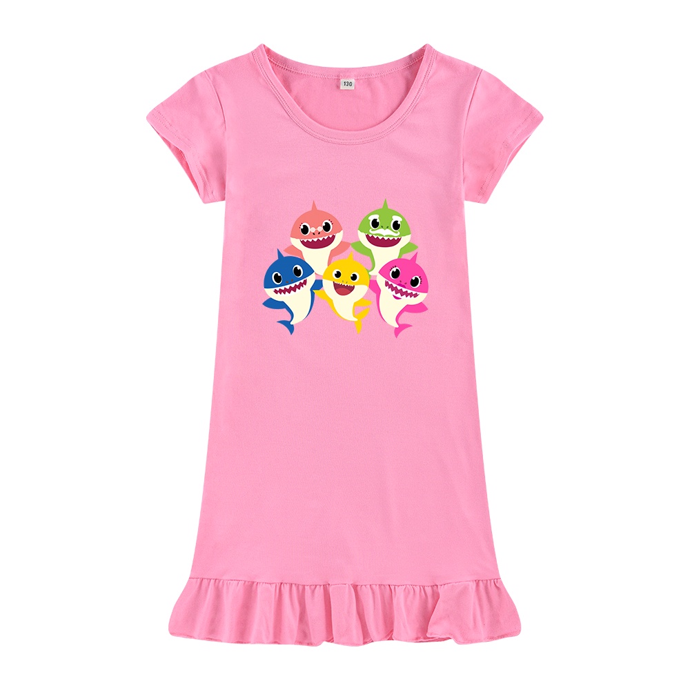 Baby shark ฤดูร้อนใหม่ชุดนอนเด็กสาวการ์ตูนกระโปรงฤดูร้อนชุดผ้าฝ้ายหลากสี