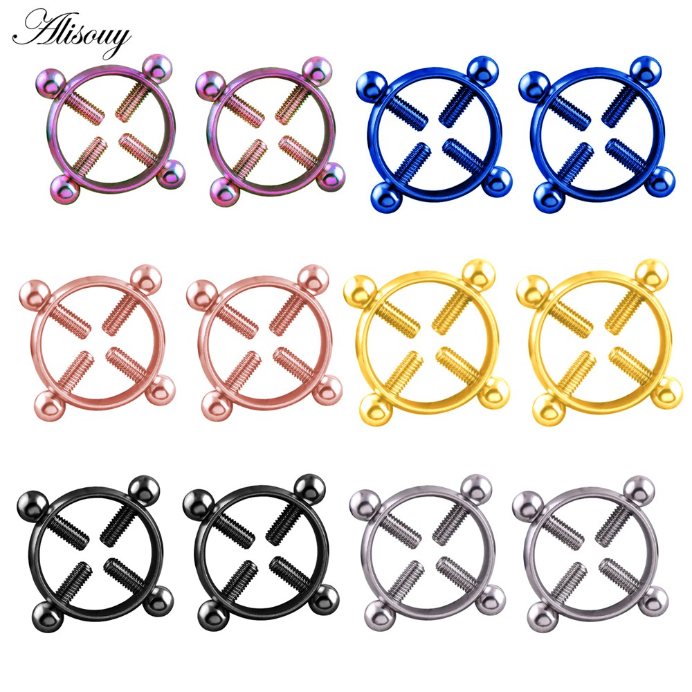 Alisouy 1PCS สแตนเลสรอบ Non-Piercing หัวนมแหวน Shield เจาะร่างกายเครื่องประดับนิกเกิลฟรีปลอมเจาะสกรูแหวนหัวนม