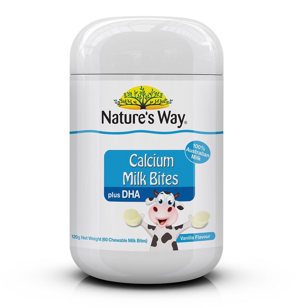 Nature's Way Calcium Milk Bites + DHA เนเจอร์สเวย์ แคลเซียม เพิ่มขึ้น 10 เท่า ชนิดเคี้ยว สูตรใหม่ 60 เม็ด 17790