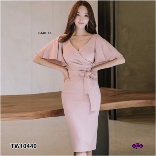 TW10440 Dress เดรสแขนระบายคอวีไขว้จีบ โทนสีพื้นเรียบเก๋ กระโปรงทรงสอบ