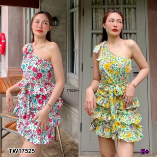 👗Pfashion [ส่งไว!!🚛] P17525 เดรสสั้นผูกไหล่เดียว แต่งระบายพิมลายดอกไม้