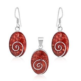 Silver Spiral Design Red Oval Pendant and Earrings Set ต่างหูวงรีสีน้ำตาลรูปก้นหอยเงินแท้925