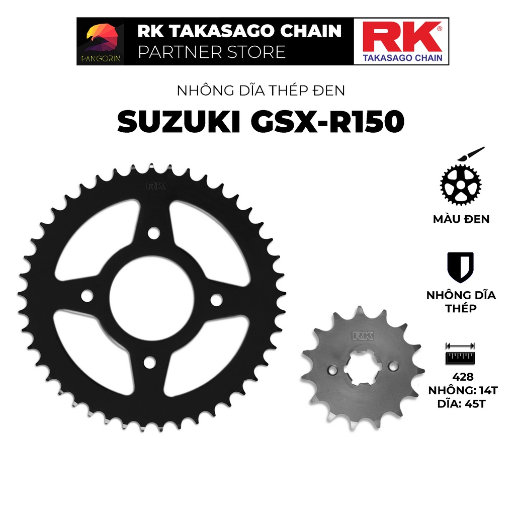 สเตอร์ RK Takasago สําหรับรถมอเตอร์ไซค์ Suzuki GSX-R150 วัสดุ: เหล็กชุบดํา เฟืองหนา: 428