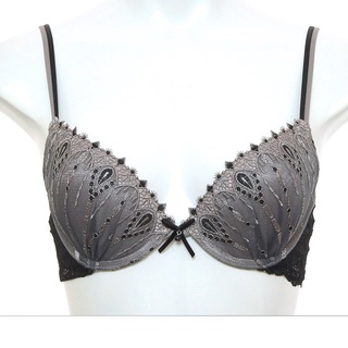 Annebra บราเสริมทรง ตะขอหลัง คอวี มีโครง เสริมฟองน้ำ Push up Mold bra Deep Vee รุ่น AB1-543 สีเทาดำ