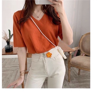 เสื้อแขนสั้นไหมพรมคอวีสีพื้น (ส้ม เขียว)