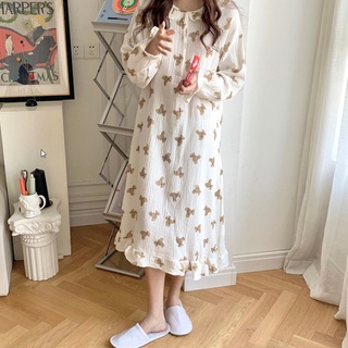 ˗ˏˋ ชุดนอน เดรสแขนยาว พิมพ์ลายน้องหมี creamy white ✿