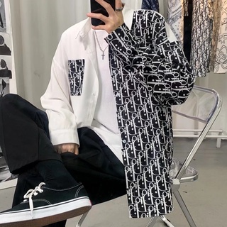 Shirt【M-3XL】Japanese street hip-hop trendy brand mens long-sleeved shirt Personalized stitching pattern casual shirt Student handsome shirt Oversized loose and comfortable long-sleeved shirt