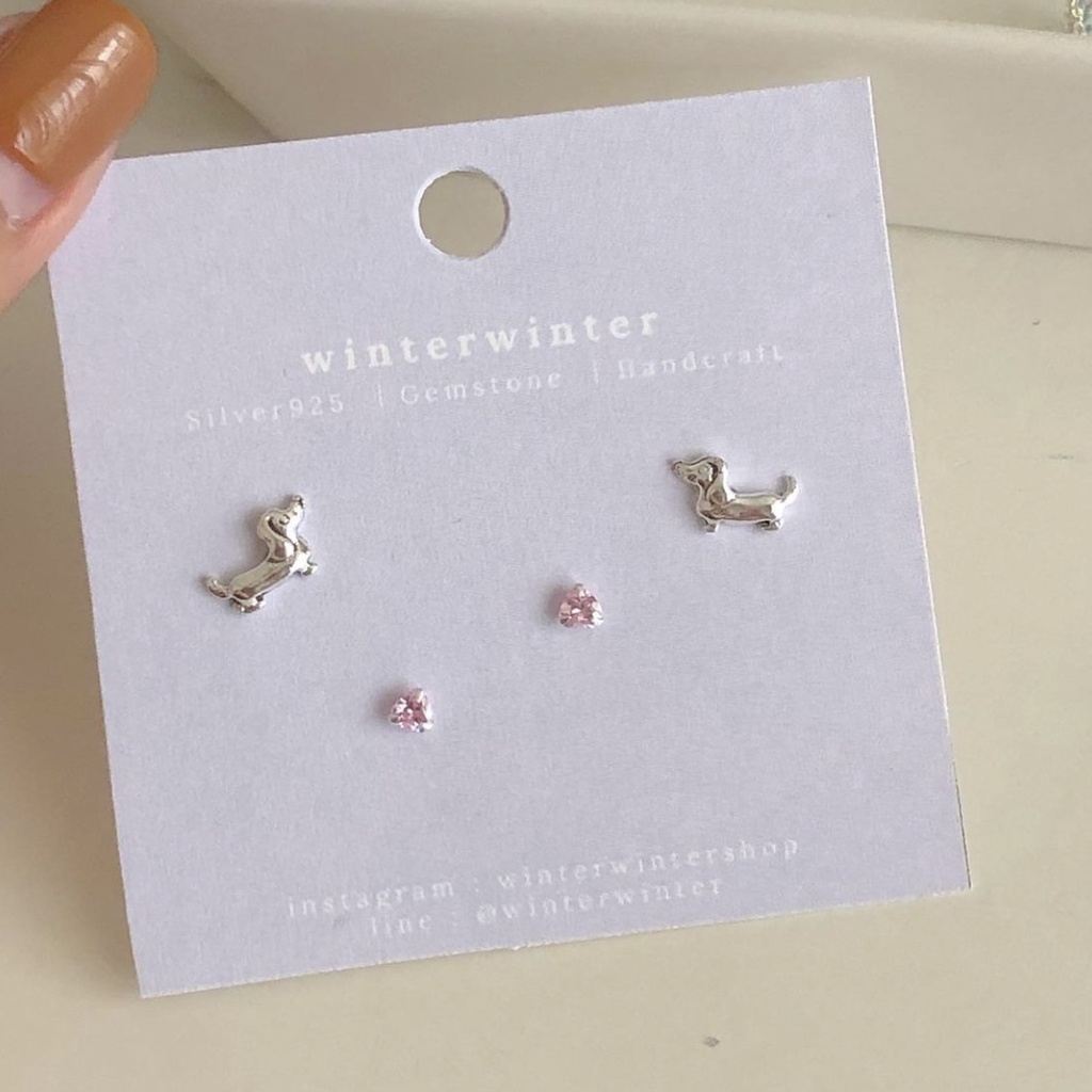 Winterwinter Silver925: สินค้าพร้อมส่ง (ยกเว้นงานสลัก) ต่างหูเงินแท้925 เซ็ตหมาดัชชุนDachshund