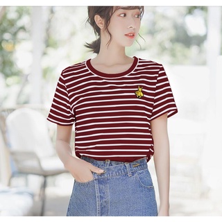 Mao shop เสื้อยืดแฟชั่นผู้หญิงลายทางแขนสั้นคอกลม เนื้อผ้าดีใส่สบาย! New Fashion womens HAN SY SOCIETY