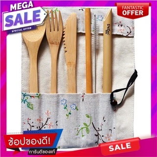 ชุดช้อนส้อมพกพา BAMBOO DEIM สีครีมลายดอก 6 ชิ้น/ชุด อุปกรณ์ทานอาหาร PORTABLE CUTLERY SET BAMBOO DEIM 6 PCS/SET CREAM