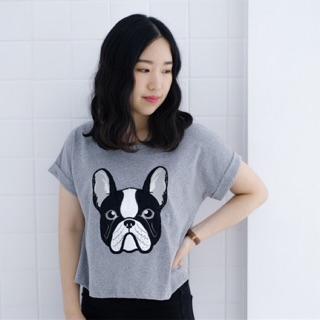 เสื้อครอป แขนสั้น crop top งานปัก ลาย French Bulldog ผ้านิ่ม COTTON 100%