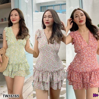 J16165 เดรสสั้นแขนระบาย ผูกโบว์หลัง ซิปหลัง + ยางยืด Short dress with ruffled sleeves, bow tie at the back + elastic