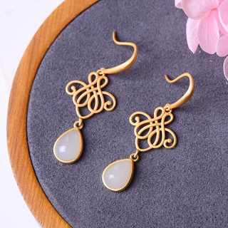 PANAOBEN Earring 925 Silver Inlaid Natural Hetian Chalcedony Water Drop Earrings Chinese Style Retro Unique Ancient Gold Craft Brand Jewelry Vintage Korean Earring Storage Diy Earring Stud Luxury Stopper Gold-plated Accessories Butterfly fashion