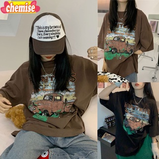 Chemisegrace✨พร้อมส่ง✨ เสื้อยืดแขนสั้น สตรีท oversize เสื้อยืดแฟชั่นสาวอวบ  พิมพ์ลาย เกาหลี คอกลม วินเทจ2338