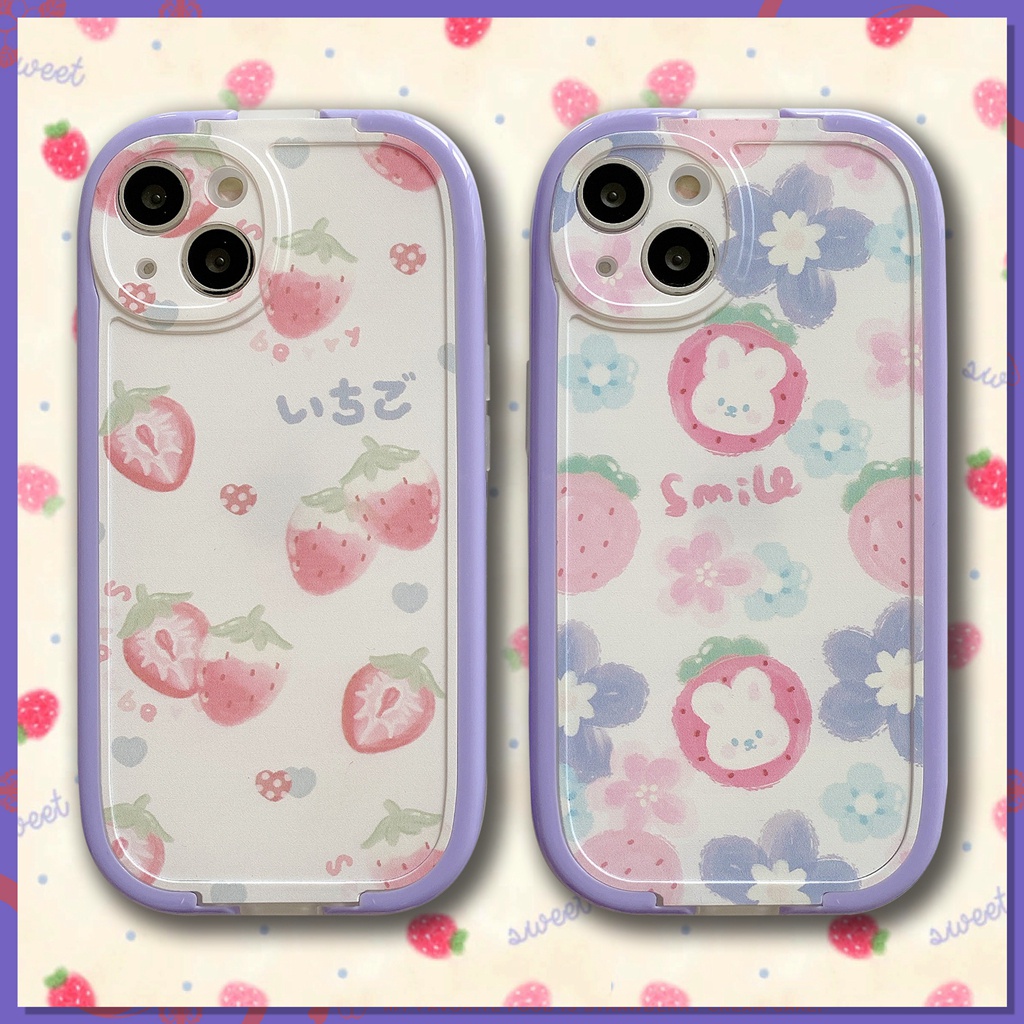 เคสโทรศัพท์มือถือ ซิลิโคนนุ่ม ลายกระต่าย สตรอเบอร์รี่ พร้อมที่ตั้งวาง สีม่วง สําหรับ iphone 14 8p 7plus11 12 13 pro xs XR max