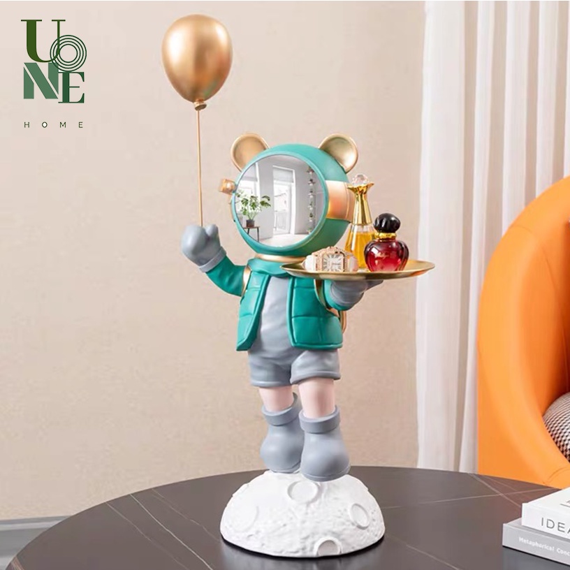UoneHome พร้อมส่ง H065 รูปปั้นนักบินอวกาศลูกโป่ง ถือถาด รูปปั้นเรซิน ดีไซน์เก๋ สำหรับตกแต่งบ้าน/สำนักงานแบบสร้างสรรค์