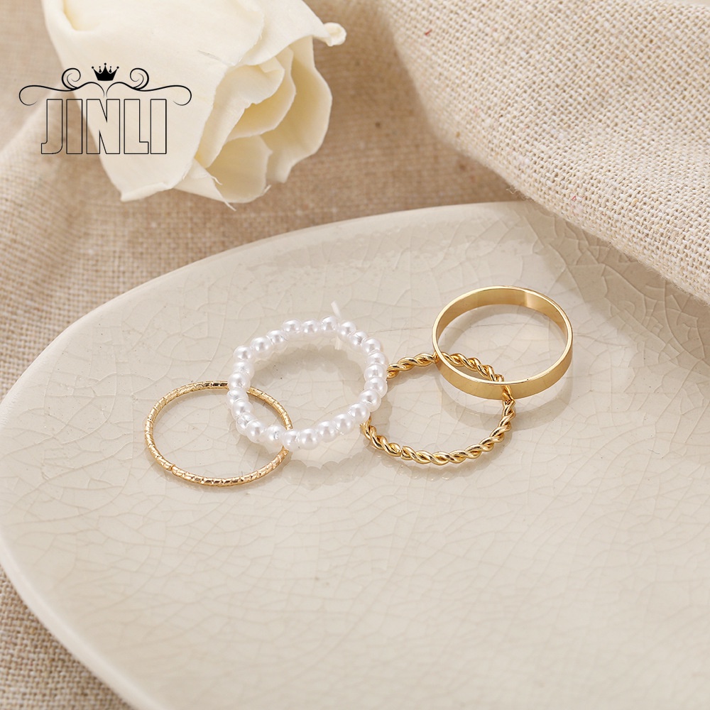 ชุดแหวนไข่มุกเรขาคณิตสําหรับผู้หญิง 4 ชิ้น/ชุด - รูปที่ 2