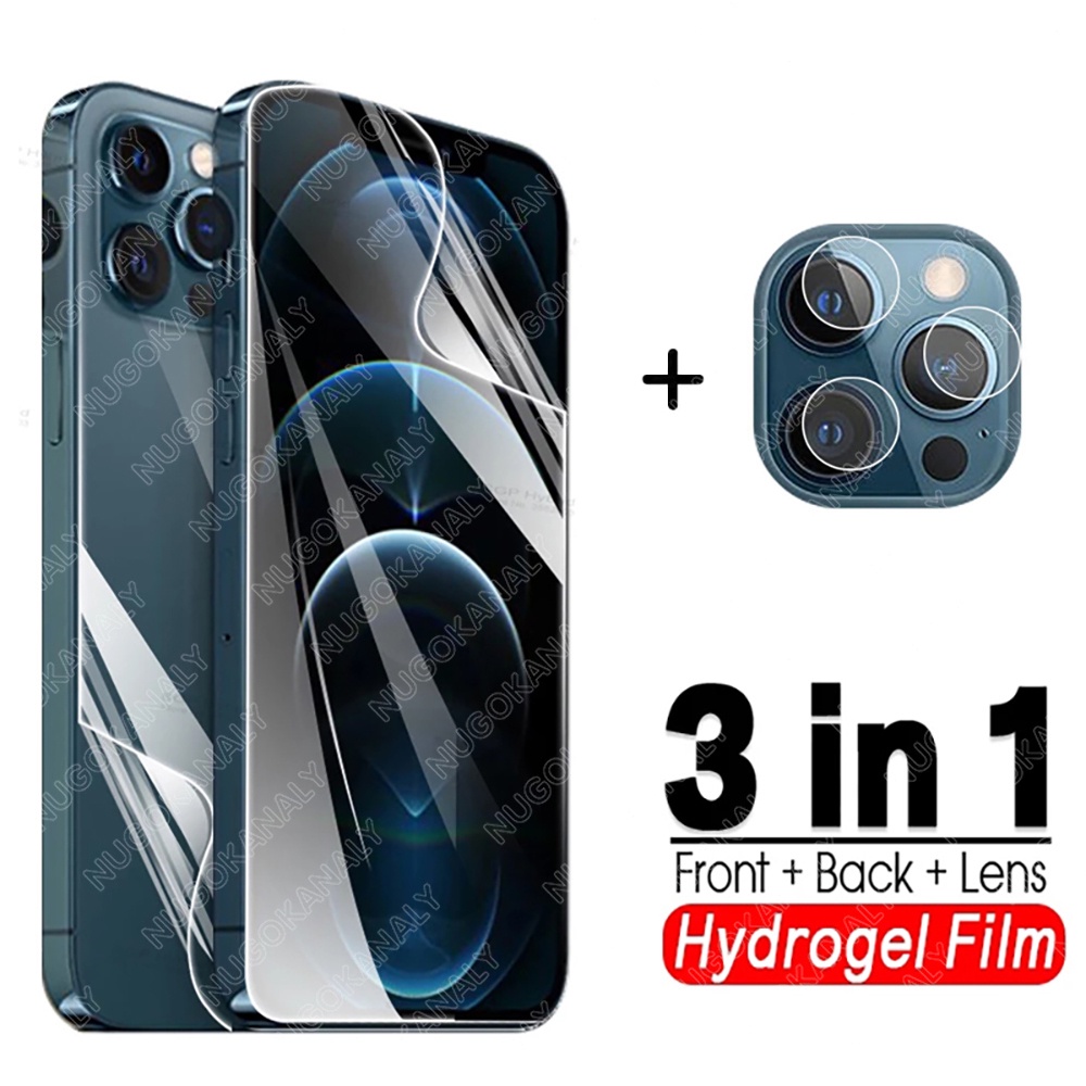 3 in 1 ฟิล์มไฮโดรเจลนิ่ม หน้าหลัง ฟิล์มกันรอยหน้าจอ และเลนส์กล้อง สําหรับ iPhone 7 8 Plus XS XR X 13 12 mini 13 12 11 Pro Max