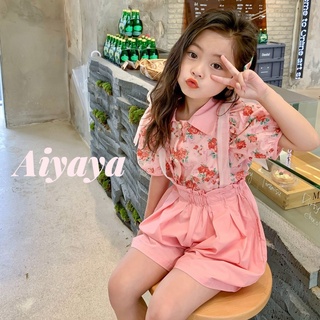 Aiyaya ชุดเสื้อแขนสั้น + กางเกงขาสั้น สไตล์เกาหลี สีชมพู เสื้อผ้าสำหรับเด็กผู้หญิง 2 ชิ้น 034