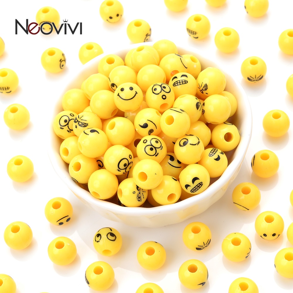 50pcs 10mm Expression ลูกปัดอะคริลิคสีเหลืองยิ้มรอบ Spacer ลูกปัดสำหรับเครื่องประดับทำสร้อยข้อมือ DIY อุปกรณ์เสริม