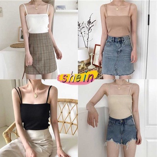 Shein 310  เสื้อกล้าม สายเดี่ยว 2 เส้น ผ้าไหมพรม ถักนิตติ้ง คอเหลี่ยม เซ็กซี่ เนื้อผ้าดี นุ่มยืด สวมใส่สบาย แฟชั่นสําหรั