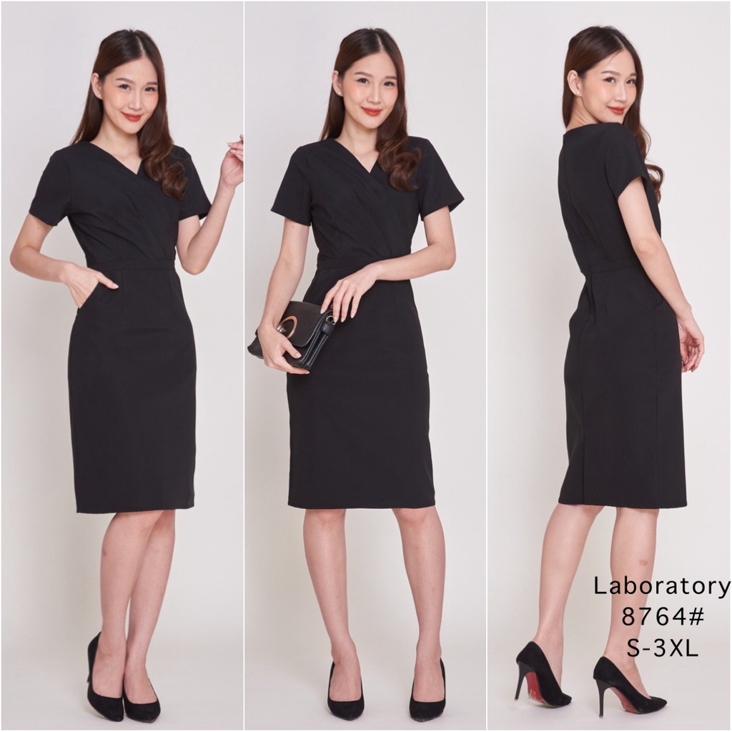 *Laboratory* 8764 เดรสคอวีจีบอกทรงสอบผ้าสีพื้นอัดผ้ากาวทั้งชุด