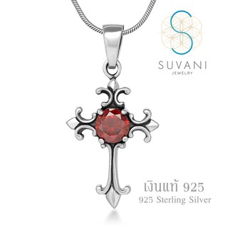 Suvani Jewelry - เงินแท้ 92.5% จี้ไม้กางเขน ประดับด้วยเพชรรัสเซียสีแดง จี้พร้อมสร้อยคอเงินแท้