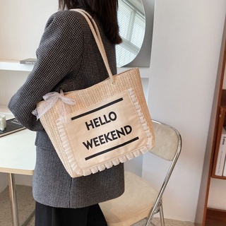 B-010 กระเป๋าผ้าสานลายHELLO WEEKEND มีโบว์ลูกไม้งานเกรดพรีเมี่ยม กระเป๋าผ้าสะพายข้าง