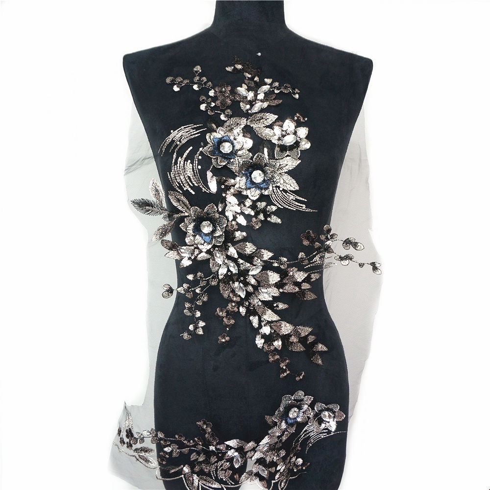 ขนาดใหญ่สีดําเย็บปักถักร้อย Rhinestone เลื่อม Applique ลูกไม้ดอกไม้ผ้าสุทธิ Trim Collar Patch งานแต่งงานชุด DIY