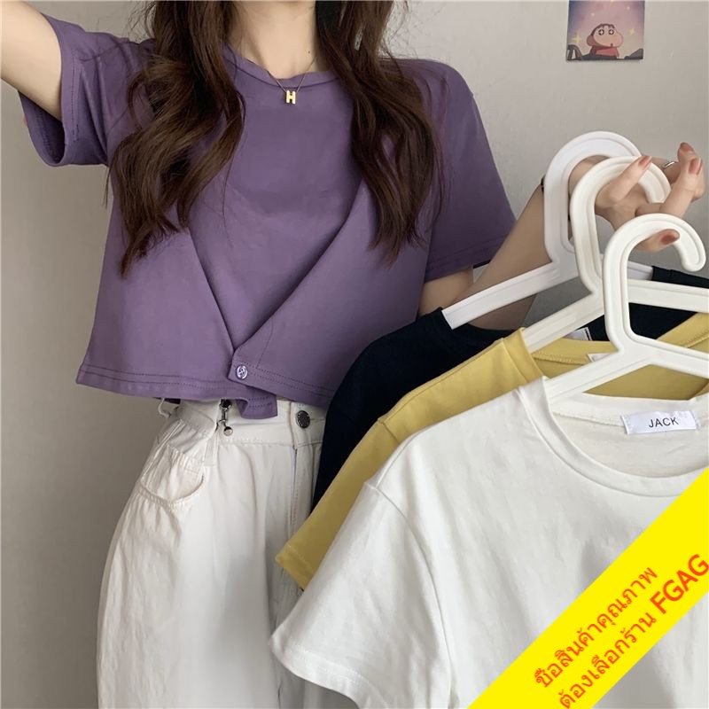 พิมพ์ลาย เสื้อครอปเอวลอยแขนสั้น oversize เสื้อผ้าสาวอวบมินิมอลสไตล์เกาหลี เสื้อยืดผู้หญิงแฟชั่นมาใหม่  สีพื้น crop top