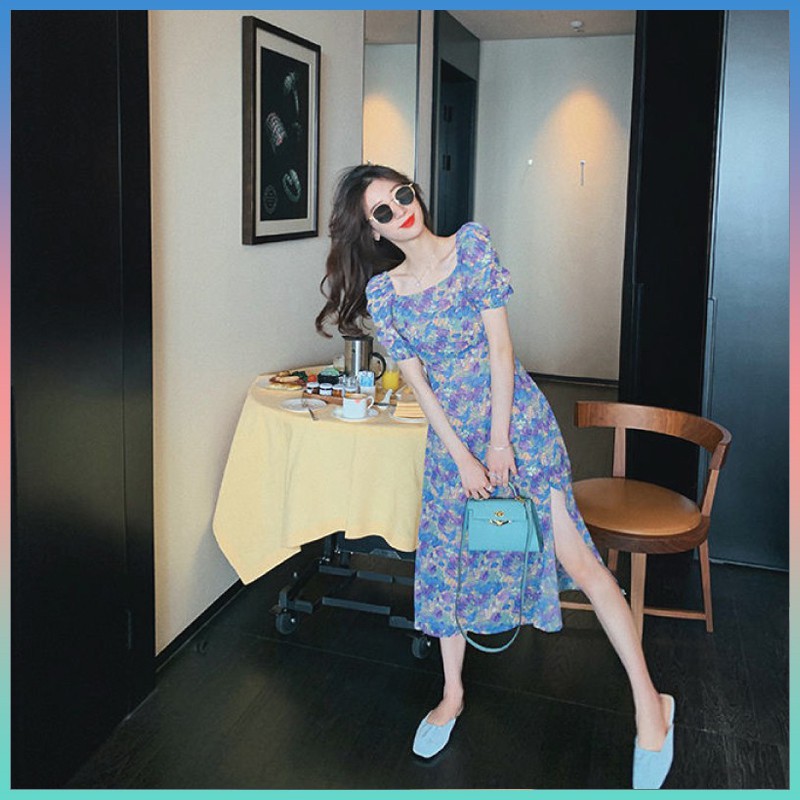 โปรโมชั่นราคาถูก เดรสยาว แขนตุ๊กตาลายดอกม่วง รุ่น8817 ชุดลายดอกไม้สีม่วง เสื้อแขนฟองนุ่ม กระโปรงนางฟ้า