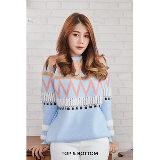 KW1903 Merry Sweater เสื้อสเวตเตอร์ไหมพรม แต่งขนกระต่ายที่ลาย ผ้าเนื้อหนาและนิ่มมาก สีฟ้า