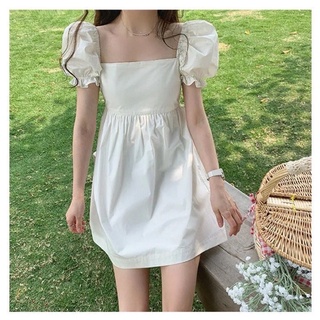 Fashion👗พร้อมส่ง ชุดเดรสโบผูกโชว์ด้านหลัง สีขาวแขนพอง มินิมอล  รุ่น697-