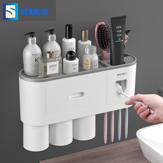 SEABLUES-กล่องเก็บยาสีฟัน ที่บีบยาสีฟันอัตโนมัติแถมแก้ว เป็นชั้นวางของในตัว ชั้นวางของห้องน้ำไม่ต้องเจาะผนัง  ME-369