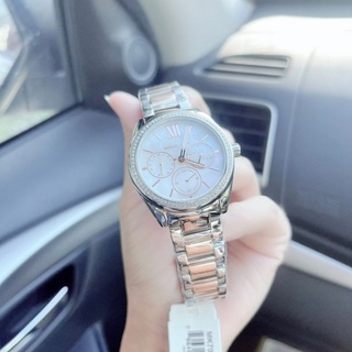 ✨ผ่อน0%แท้100%✨นาฬิกาข้อมือ สีเงินคาดโรส ปัดเหลือบมุก Janelle Multifunction Silver-Tone Stainless Steel Watch MK7096