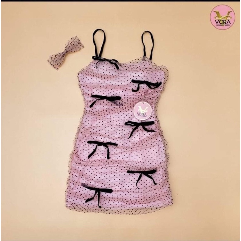 ✨New✨ Vora Brand Size L เดรสสั้นสีชมพูตกแต่งด้วยโบว์ มาพร้อมกิ๊ฟติดผมเข้ากับชุด น่ารักมากๆสวยเป๊ะปัง