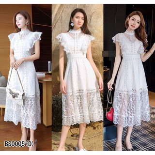 BS0005Dress เดรสแขนกุด ทรงไหล่ระบาย ทรงเป๊ะเวอร์ เอวดึงยางสม็อกหลัง กระโปรงทรงปล่อยสวิง พริ้ว มีซับในอย่างดี พร้อมส่งจ้า