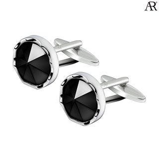 ANGELINO RUFOLO Cufflink(คัฟลิงค์) ดีไซน์ Carat กระดุมข้อมือคัฟลิ้งโรเดียมคุณภาพเยี่ยม ตกแต่งด้วยหินออนิกซ์สีดำ/น้ำเงิน