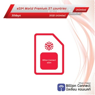 eSIM World Primary 57 Countries Sim Card Unlimited 30GB: ซิมทั่วโลก 30 วัน by ซิมต่างประเทศ Billion Connect