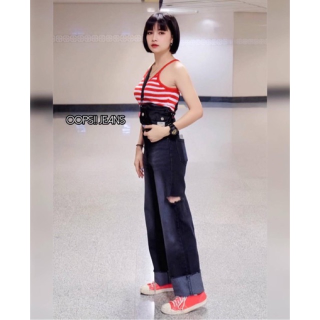 [Code:L9E6B ลด25.-]  Oops Jeans 🌷กางเกงยีนส์ขากระบอกดำฟอก ขาด 2 ข้าง