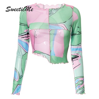 Sweeticme  ใหม่เสื้อยืดลําลองสําหรับสตรีแขนยาวคอกลมพิมพ์ลายหูเต่า