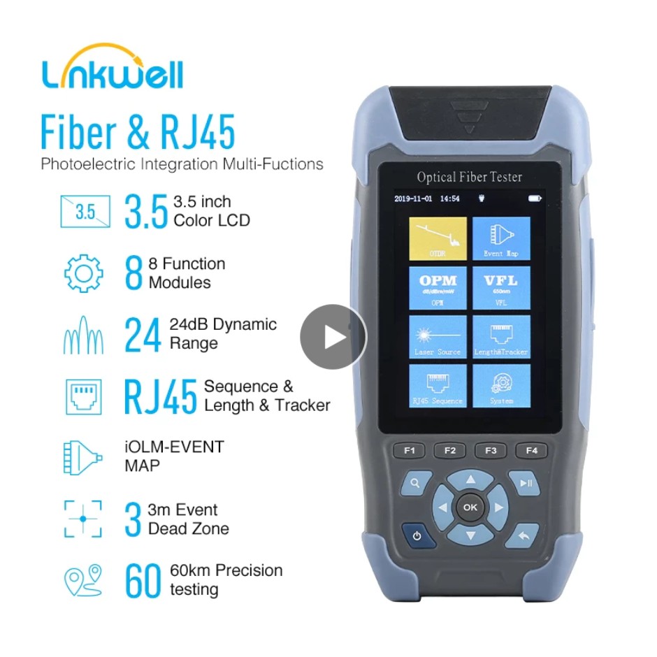LINKWELL MINI OTDR ไฟเบอร์ออปติก Reflectometer 9 ฟังก์ชั่น VFL OLS OPM 24dB 64กมสาย Ethernet Fiber ส